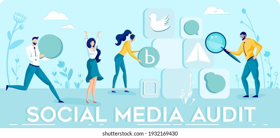 Evaluating and Optimizing Social Media Profile and Strategy for Business. Young People Dressed Smart, Invited Professionals, Examining and Shuffling Icons Popular Networks. Flat Vector Banner.