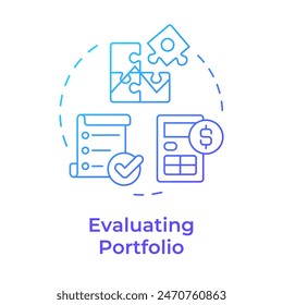 Evaluating portfolio blue gradient concept icon. Profit calculation, risk analysis. Round shape line illustration. Abstract idea. Graphic design. Easy to use in infographic, presentation