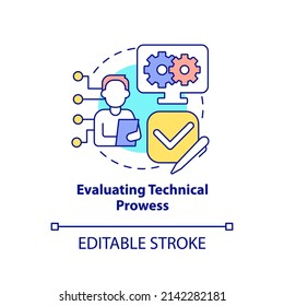 Evaluating technical prowess concept icon. Employment digital technology. HR skills abstract idea thin line illustration. Isolated outline drawing. Editable stroke. Arial, Myriad Pro-Bold fonts used
