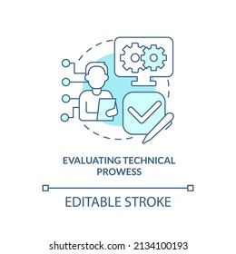 Evaluating technical prowess turquoise concept icon. Employment technology. HR skills abstract idea thin line illustration. Isolated outline drawing. Editable stroke. Arial, Myriad Pro-Bold fonts used