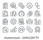 Evaluation and assess editable stroke outline icons set isolated on white background flat vector illustration. Pixel perfect. 64 x 64