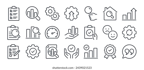 Evaluación y evaluación de iconos de contorno de trazo editable conjunto aislado en fondo blanco ilustración vectorial plana. Píxel perfecto. 64 x 64