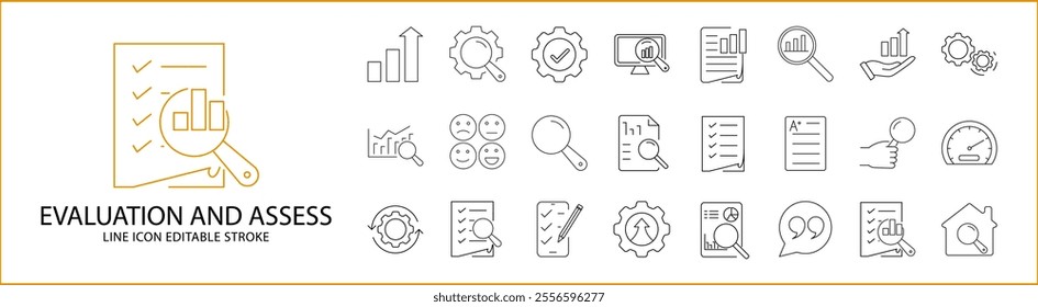Evaluation Assess Icon Set in line Style. Evaluation Icons. Vector Illustration. Editable Stroke.