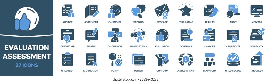 Evaluation and assessment colored signed icon collection. Audit, certificate, review, analysis, check icons. UI icon set. Colored icons pack. Vector illustration
