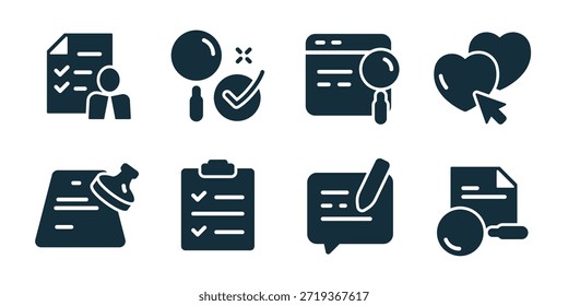 Evaluation and assessment excellent icon collection. Set of signed documents, approved checklist, user confirmation, info message, contract review, quality check badge, rating star, assessment person icons