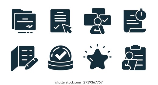 Evaluation and assessment excellent icon collection. Set of report edit, verified approval, quality star, assessor document, signed form, validation check, expert review, rating icons