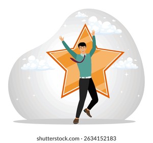 Evaluation or award winning quality concept, confidence businessman raising his arms with a star-shaped backdrop. This image conveys themes of achievement, success, positivity, and energy.