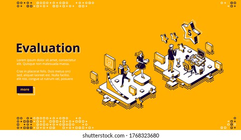 Evaluation banner. Customer review, feedback about quality, experience report. Vector landing page of rating service with isometric illustration of people, stars and chart