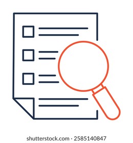 Evaluation – Checklist and Magnifying Glass Icon Representing the Comprehensive Assessment of Information, Performance, and Outcomes