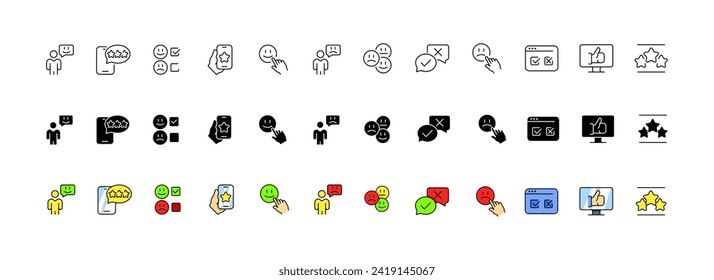 Colección de iconos de evaluación. Lineal, silueta y estilo plano. Iconos del vector