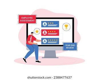 Evaluation for company employees at the end of the year, rewarding exemplary employees, vector illustration.
