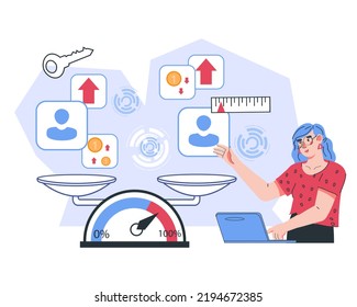 Evaluation of company and employees performance and labor productivity, business efficiency and KPI index. Comparing performance and efficiency of employees, smart business decisions, flat vector.