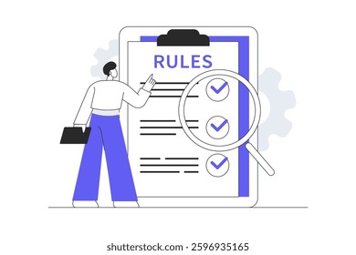 Evaluation of company regulations, compliance strategies with evaluation tool magnifying glass. Man explaining a list of rules. Check mark done. Flat Cartoon Vector Illustration, icon Stylish abstract
