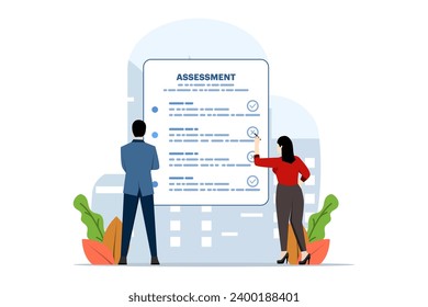 Evaluation concept, Assessment Analysis, performance, improvement, risk, results and feedback, analyzing the level of potential. control or limitation. flat vector illustration on white background.