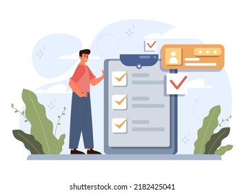 Evaluation concept. Assessment and performance analysis. Characters making a judgment about something , people holding rating stars. Vector flat illustration.