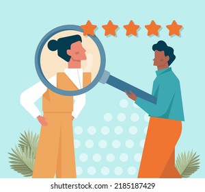 Evaluation concept. Assessment and performance analysis. Characters making a judgment about something , people holding rating stars. Vector flat illustration.