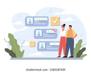 Evaluation concept. Assessment and performance analysis. Characters making a judgment about something , people holding rating stars. Vector flat illustration.