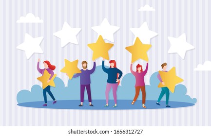 Evaluation of customer reviews.Customers evaluating a product, service.Different people give feedback ratings and reviews.Characters hold stars above their heads.Five star rating.Vector illustration.