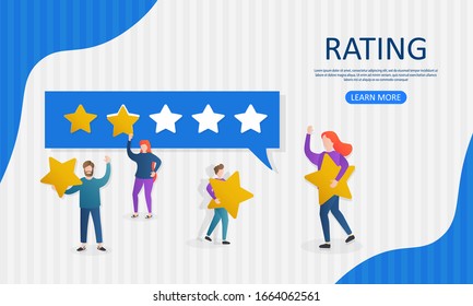 Evaluation of customer reviews.Customers evaluating a product, service.Different people give feedback ratings and reviews.Characters hold stars above their heads.Five star rating.Vector illustration.