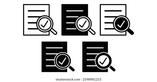 Evaluation Document with Check Mark and Magnifying Glass Icons Vector Design Black White Color Illustration