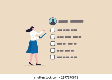 Evaluation or employee assessment, rating or performance review for improvement, satisfaction feedback checklist, appraisal or measure performance, businesswoman giving tick on evaluation checklist.