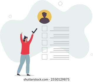 Avaliação ou avaliação do funcionário, avaliação ou análise de desempenho para melhoria, lista de verificação de feedback de satisfação.caracteres simples.