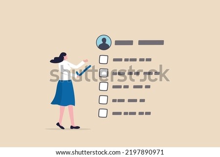 Evaluation or employee assessment, rating or performance review for improvement, satisfaction feedback checklist, appraisal or measure performance, businesswoman giving tick on evaluation checklist.