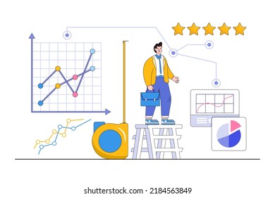 Evaluation of employee performance, annual review for target achievement, assessment for feedback concepts. Businessman manager use measure tape to appraisal and analyze worker with good rating.