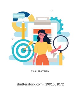 Evaluation, examination questionnaire, planning project, business assessment, data collecting flat vector illustration design. Questionnaire clipboard, project review for mobile and web graphics