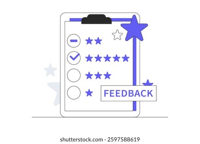 Evaluation and Feedback. Business giving feedback five-star rating. Ideal for customer feedback, reviews, quality assurance, client satisfaction. Flat Cartoon Vector Illustration, icon. Stylish web