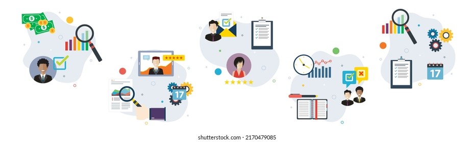 Evaluación, finanzas, comentarios, informes, calificaciones e íconos de negocio. Conceptos de evaluación financiera, retroalimentación de informes, análisis y calificación, retroalimentación empresarial. Iconos planos de diseño en ilustración vectorial.