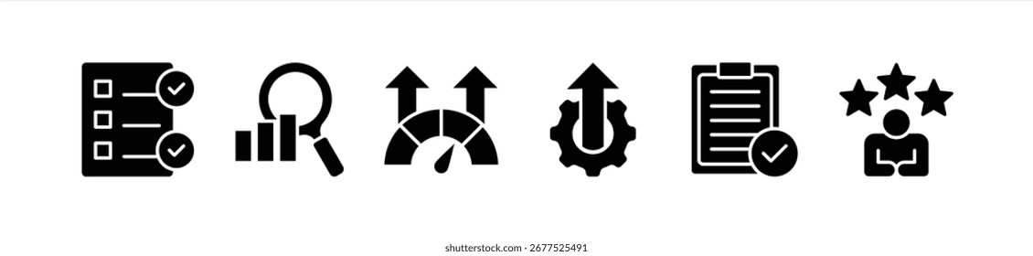 Conjunto de colecciones de íconos de evaluación. Evaluación, análisis, desempeño, mejoramiento, resultados y concepto de Ilustración vectorial de Comentarios.