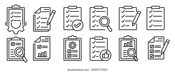 Evaluation icon set, Containing business management data, inspection, statistic, inspecting, statement, report, test, checklist, review, quality, survey, analysis, document, vector illustration