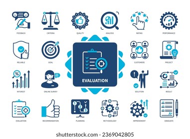 Evaluation icon set. Criteria, Assessment, Performance, Feedback, Quality, Analysis, Improvement, Online Survey. Duotone color solid icons