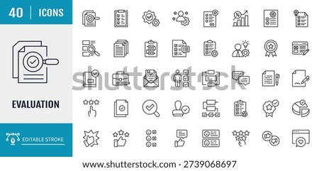 Evaluation icon set. Includes assessment, review, rate, grade, project icon. Outline icon set. Vector illustration with editable stroke