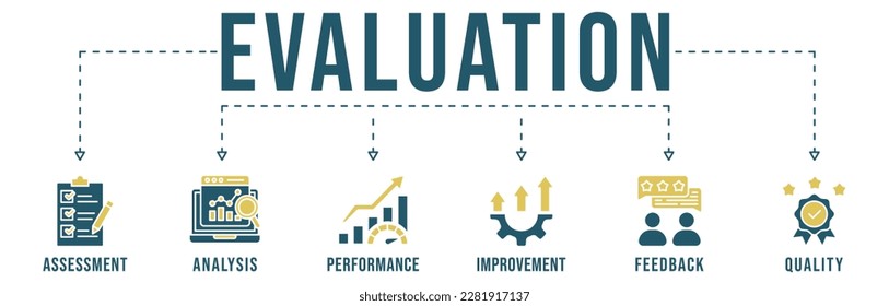 Evaluation icon vector illustration for assessment system of business and organization standard with Assessment, analysis, performance, improvement, feedback and Quality icon