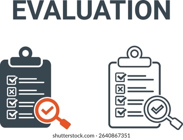 Evaluation icons, Illustration concept for key performance indicator in the business metrics with objective, measurement, optimization, strategy, performance, and evaluation icon