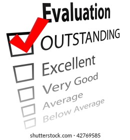 An evaluation for job performance or a grade report card with a 3D check mark in the OUTSTANDING box.