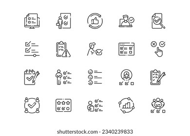 Conjunto de iconos de líneas de evaluación. Géneros y atributos de evaluación. Diseño lineal. Líneas con trazo editable. Iconos vectoriales aislados.