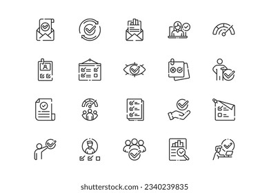 Evaluation lines icon set. Evaluation genres and attributes. Linear design. Lines with editable stroke. Isolated vector icons.