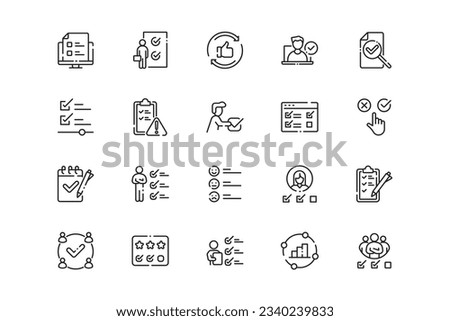 Evaluation lines icon set. Evaluation genres and attributes. Linear design. Lines with editable stroke. Isolated vector icons.