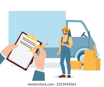 Evaluation of loader work concept. Man in suit with notebook and pencil takes notes. Logistics and transportation. Employer controls employees, workers. Cartoon flat vector illustration