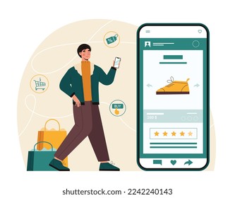 Evaluation online shopping. Young guy with smartphone in his hand sends reviews in online store for clothes and shoes. Home delivery of goods and electronic payments. Cartoon flat vector illustration