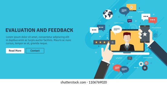 Evaluation of online support, contract service or purchase product. Customer testimonials, vote and feedback, rating and liked. Concept of technology on business. Flat design vector illustration.