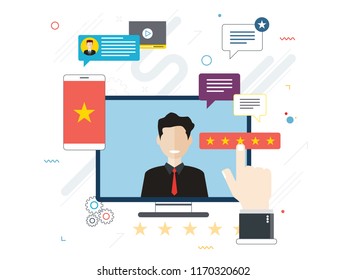 Evaluation of online support, contract service or purchase product. Customer testimonials, vote and feedback, rating and liked. Concept of technology on business. Flat design vector illustration.
