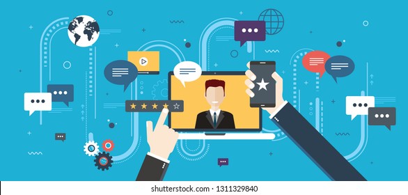 Evaluation of online support, contract service or purchase product. Customer testimonials, vote and feedback, rating and liked. Concept of technology on business. Flat design vector illustration.