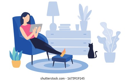 Evaluation of online support, contract service or purchase product. Young clever student drinking coffee and reading a novel at home. Vector cartoon illustration isolated on white background.