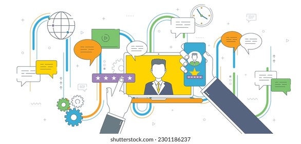 Evaluation of online support, contract service or purchase product. Customer testimonials, vote and feedback, rating and liked. Concept of technology on business. Thin line flat vector illustration.