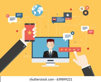 Evaluation Of Online Support, Contract Service Or Purchase Product. Customer Testimonials, Vote And Feedback, Rating And Liked. Concept Of Technology On Business. Flat Design Vector Illustration.