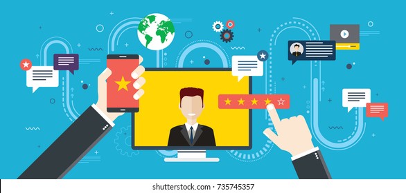 Evaluation of online support, contract service or purchase product. Customer testimonials, vote and feedback, rating and liked. Concept of technology on business. Flat design vector illustration. - Shutterstock ID 735745357